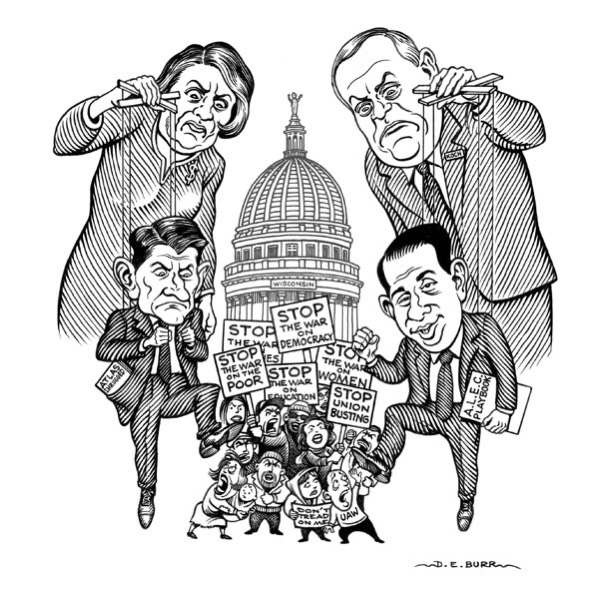 Governor Scott Walker caricature, Paul Ryan caricature, David Koch caricature, political puppets, Madison Wisconsin, Ayn Rand caricature